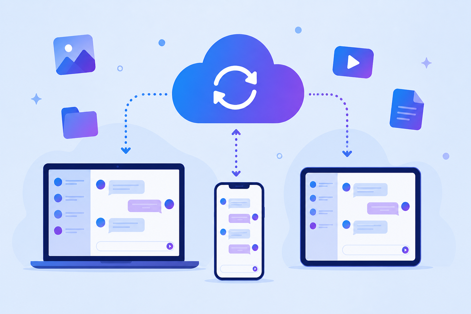 Illustration du stockage cloud illimité de Telegram synchronisé sur plusieurs appareils