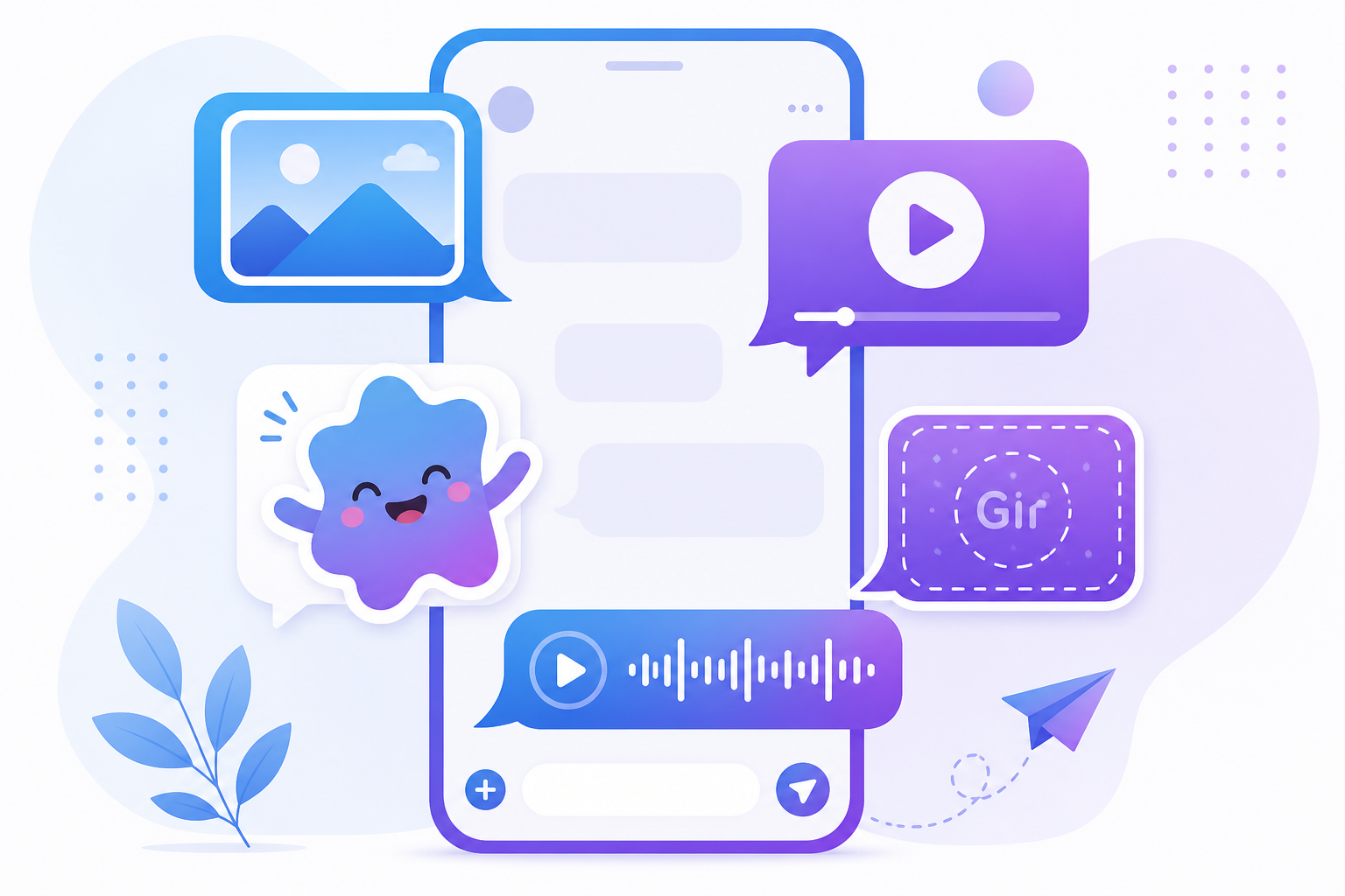 Illustration des médias enrichis, GIF et stickers de Telegram