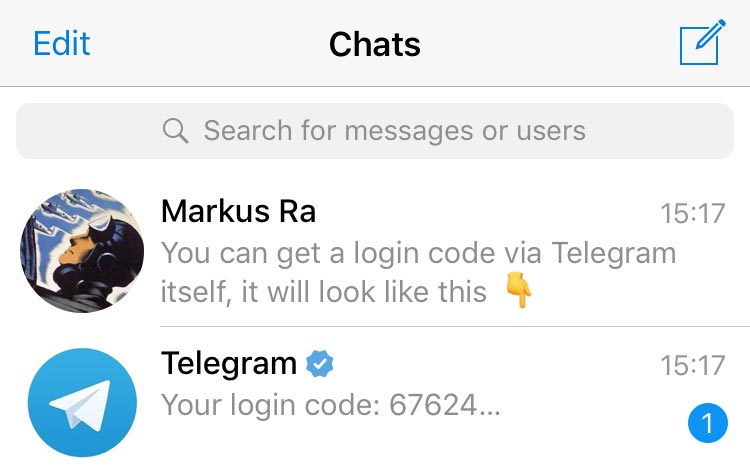 Saisie du code de vérification lors de la connexion à Telegram