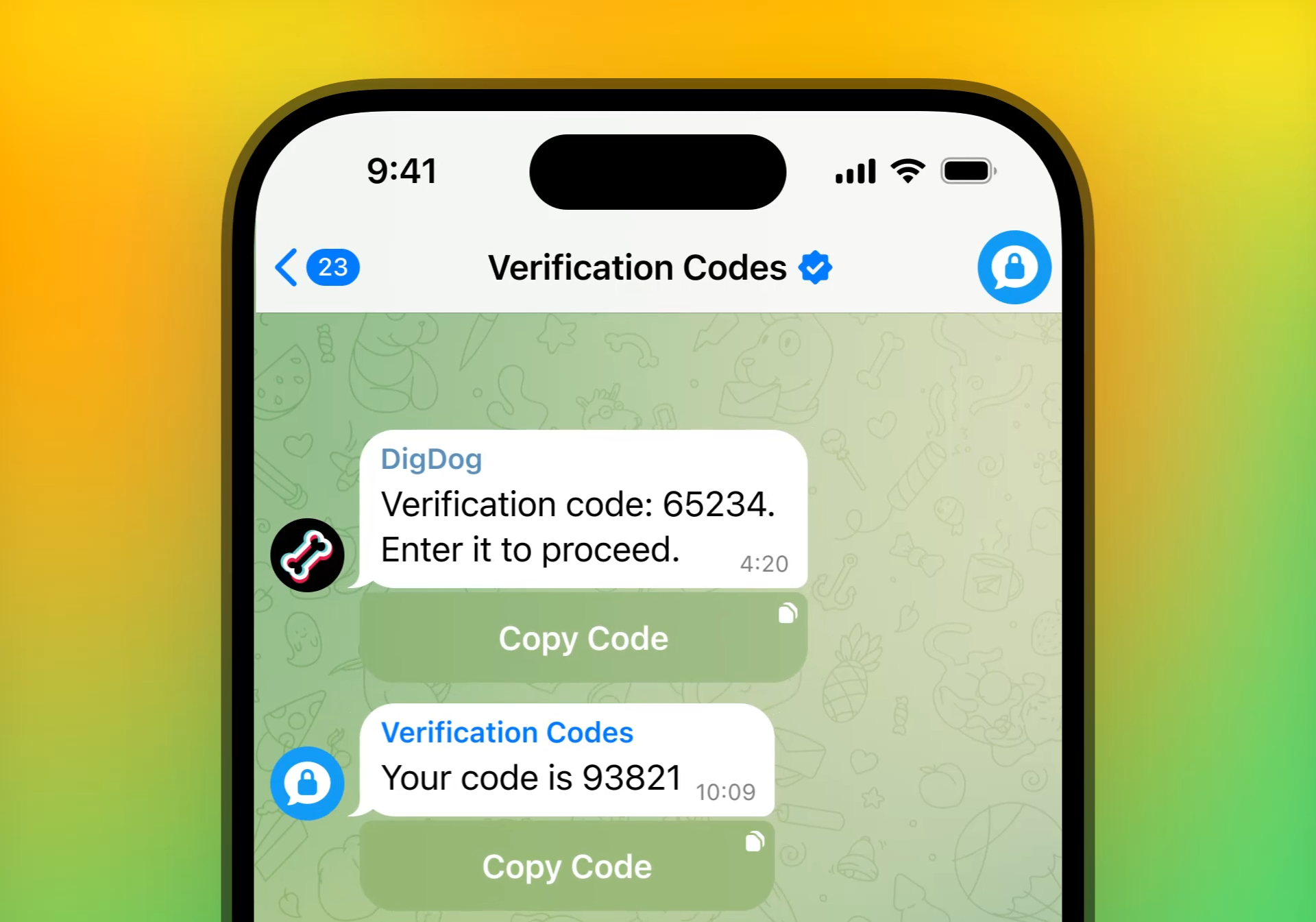 Écran de vérification en deux étapes et codes de sécurité Telegram