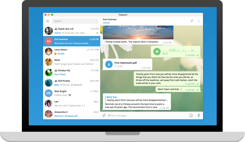 Aperçu de Telegram après installation, avec discussions et interface personnalisée